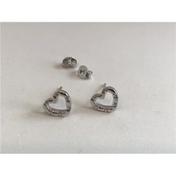 HEART SHAPE STUD EARRINGS W/ LAB DIAMONDS / 925 STERLING SILVER / VERY CUTE!!! - Picture 4 of 6